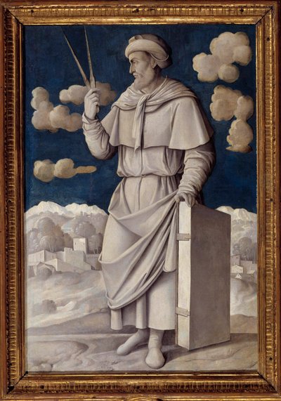 Portræt ved foden af Euklid (325-265 f.Kr.), græsk matematiker Maleri af Girolamo Mocetto (1458-1531) 1531 Paris. Musee Jacquemart Andre - Portræt i fuld længde af Euklid (325-265 f.Kr.), engelsk matematiker. Maleri af Girolamo Mocetto (1458-1531) af Girolamo Mocetto