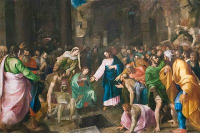 Lazarus opstandelse, ca. 1555 (olie på lærred) af Girolamo Muziano