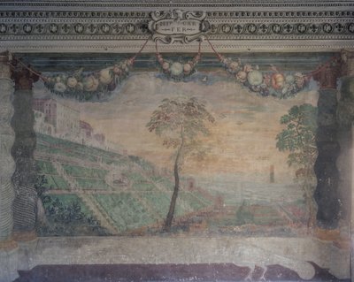 Udsigt over villaen baseret på det originale design, Hall of the Fountain af Girolamo Muziano