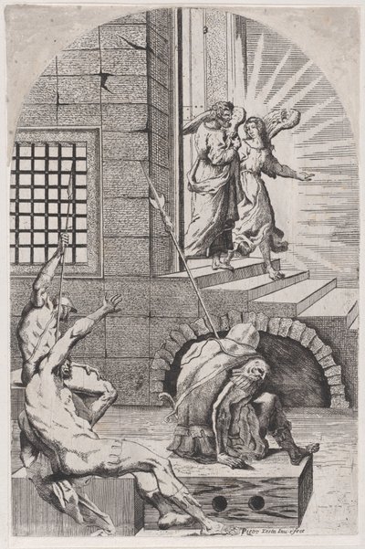 Sankt Peter bliver løsladt fra fængslet af englen, 1650-70. af Girolamo Pedrignani