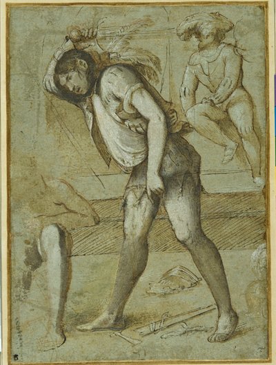 En bøddel ved at halshugge en skægget helgen (pen og brunt blæk med vask og hvid kropsfarve på papir) af Girolamo Romanino