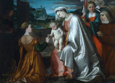 Mystisk ægteskab af Saint Catherine i nærværelse af de hellige Ursula, Lawrence og Angela Merici, af Girolamo Romanino (ca. 1484-efter 1562) af Girolamo Romanino