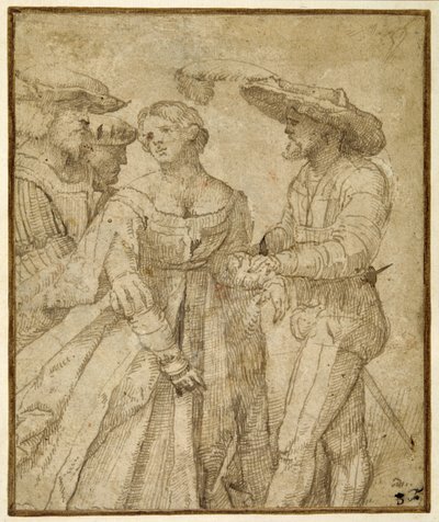 Scene med tapperhed: fire figurer stående mod en landskabsbaggrund (pen og brunt blæk på brunpapir) af Girolamo Romanino