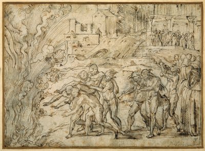 Bålet rejst foran Hannibals tropper ved Saguntums fald (pen og brunt blæk med brun vask) af Girolamo Romanino