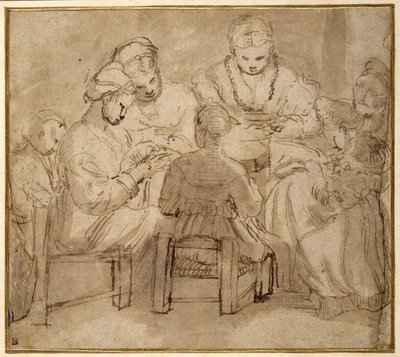 Kvinder og piger sidder rundt om et bord og syr (pen og brunt blæk med brun vask på papir) af Girolamo Romanino