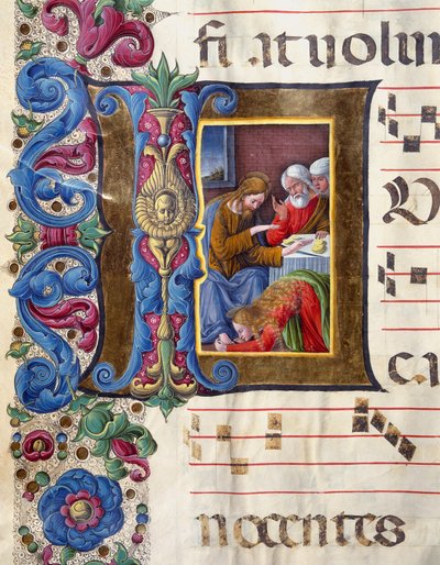 Decoree brevpapir forestillende Maria Magdalena ved fødderne af Jesus Miniature af Girolamo da Cremona (aktiv omkring 1451-1483) og Liberale da Verona (1445-1529) fra et kor (Cod. 22/7. c.15v) fra katedralen i Siena . Cathedrale (Duomo) fra det 15. århundr af Girolamo da Cremona