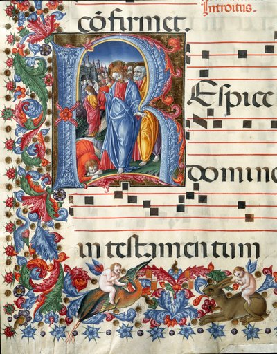 Decoree lettrine med Kristus og den spedalske Miniature af Girolamo da Cremona (aktiv omkring 1451-1483) og Liberale da Verona (1445-1529) fra et kor (Cod. 19/4. c.26.) fra Cathedrale of Siena. Domkirken (Duomo) i Siena, Italien, fra det 15. århundrede af Girolamo da Cremona