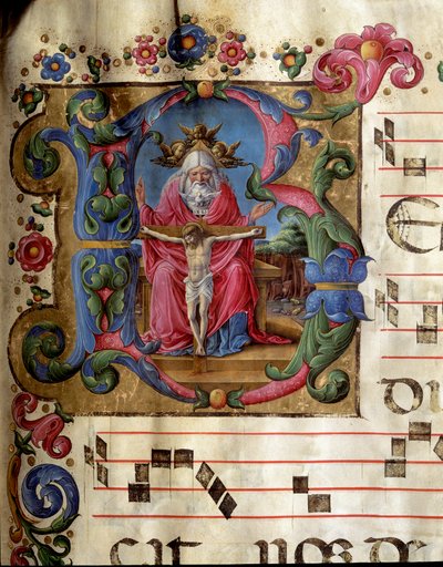 Lettrine B, der repræsenterer den Hellige Treenighed (Nådens Trone) Gud, Jesus Kristus og Helligåndens due (Helligånden). Miniature af Girolamo da Cremona (aktiv omkring 1451-1483) fra et kor (Cod. 10/L. c.81v) fra katedralen i Siena. 15t af Girolamo da Cremona