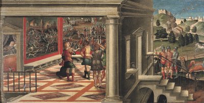 Scener fra Orlando Furioso (olie på lærred lagt på panel) af Girolamo da Santacroce