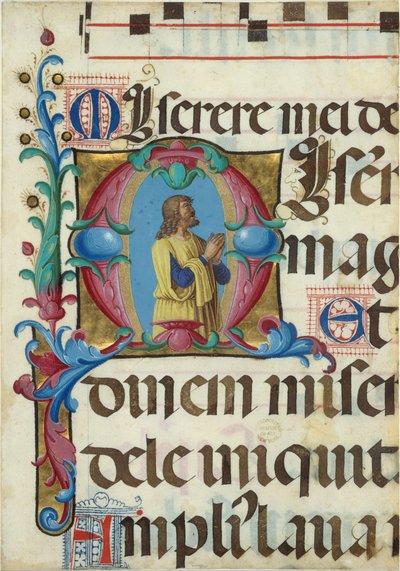 Manuskriptbelysning med David i bøn i et indledende M, fra en psalter, italiensk, 1501-2. af Girolamo dai Libri