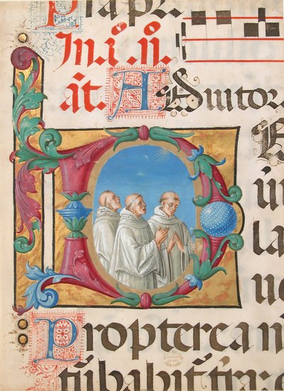 Manuskriptbelysning med syngende munke i et indledende D, fra en psalter, italiensk, 1501-2. af Girolamo dai Libri