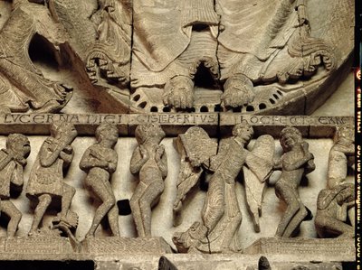 West Portal tympanon, der afbilder den sidste dom: detalje af Kristi fødder, en engel og dødelige, ca. 1130-35 kalksten af Gislebertus