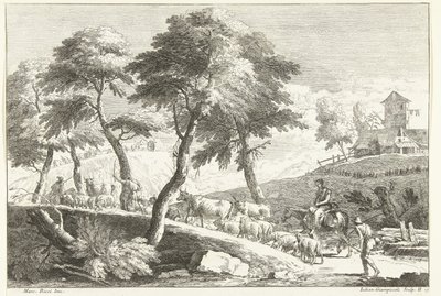 Bakket landskab med hyrder og kvæg Italienske landskaber (serietitel) af Giuliano Giampiccoli