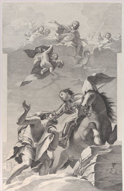 Sankt Martin, til hest, giver sin kappe til en tigger..., 1760-1800. af Giuliano Traballesi