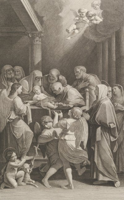 Kristi omskæring, en gruppe mænd, kvinder og engle, der omgiver ham, den..., ca. 1760-1800. af Giuliano Traballesi