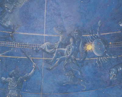 Solens vej gennem stjernerne om natten den 4. juli 1442, detalje af Tvillingerne og Krebsen, fra soffitten over alteret, ca. 1430 (detalje af 85088) af Giuliano dArrighi Pesello