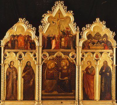 En altertavle i tre sektioner: Center: Jomfruens kroning af Giuliano da Rimini