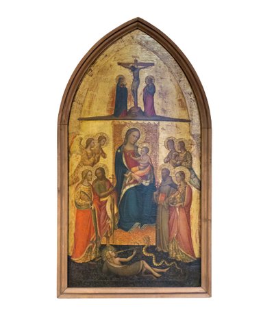 Tronende Madonna med barn blandt fire engle og helgener af Giuliano di Simone da Lucca