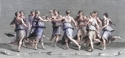 Apollo danser med sine ni olympiske muser. (Print) af Giulio (after) Romano