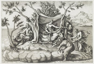 Latona føder Apollo og Diana, graveret af Diana Mantovana (f.1535), efter 1575 (gravering) af Giulio (after) Romano