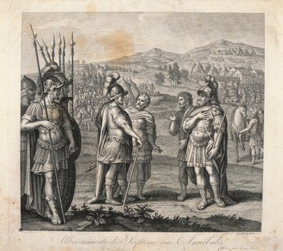 Møde mellem Hannibal og Scipio under de puniske krige (ætsning) af Giulio (after) Romano