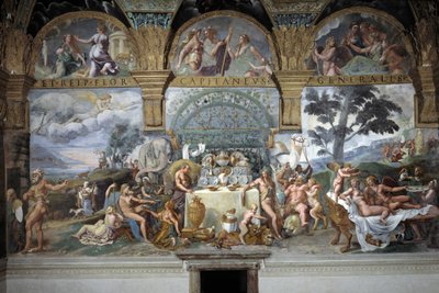 Den adelige banket til fejring af Amors og Psyches bryllup, sydvæggen af Amors og Psyches rum, ca. 1527-31 (fresko) af Giulio (and workshop) Romano