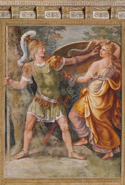 Thetis giver Achilles våben smedet af Hephaestus (Vulcan), Den trojanske hest, Chamber of Troy (Sala di Troia) af Giulio (and workshop) Romano