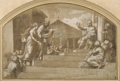 Martha bringer Maria Magdalene til Kristus (pen og blæk på papir) af Giulio (attr. to) Romano