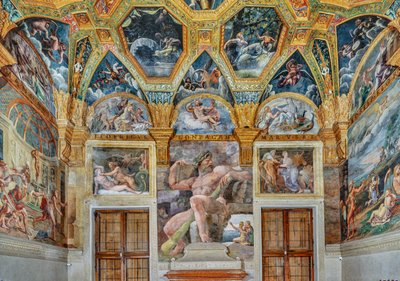 Room of Psiche: udsigt over den østlige mur (fresco) af Giulio (workshop of) Romano