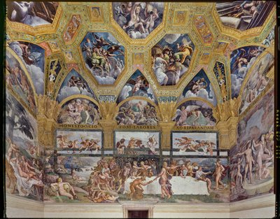 Room of Psiche: udsigt over den vestlige væg med den rustikke banket (fresco) af Giulio (workshop of) Romano