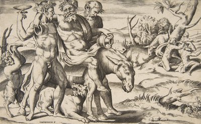 En beruset Silenus, der rider på en røv, støttet af satyrer, 1531-76. af Giulio Bonasone