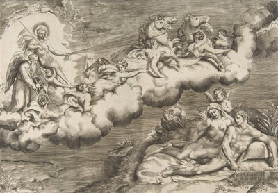 En allegori om den opgående sol, en nøgen mand iført ligklæde og ledsaget Fader Tid..., 1531-76. af Giulio Bonasone