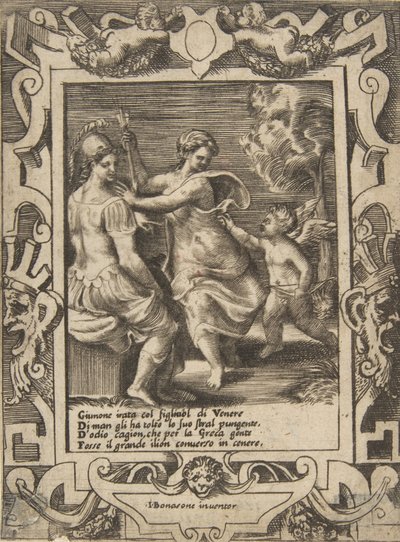 Athena sad i nærheden af Juno, som har fjernet Amors pile, sat inden for en udførlig ramme..., 1531-76. af Giulio Bonasone