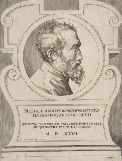 Busteportræt af Michelangelo vendt mod højre, sat i en kartouche., 1546. af Giulio Bonasone