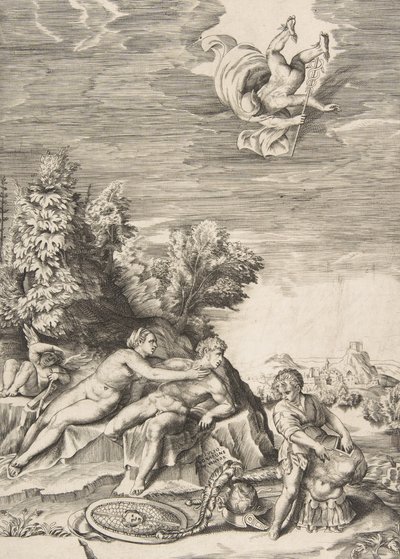 Calypso forsøger at tilbageholde Ulysses, mens et barn forbereder sin rustning til højre og Mercury fa..., 1531-76. af Giulio Bonasone