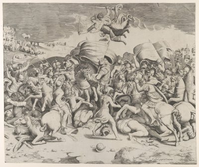 Konstantin besejrer tyrannen Maxentius, engle med sværd flyver over, 1544., 1544. af Giulio Bonasone