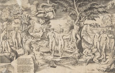 Amor i Elysian Fields bundet til et træ i midten, omringede mine mange figurer, 1563. af Giulio Bonasone