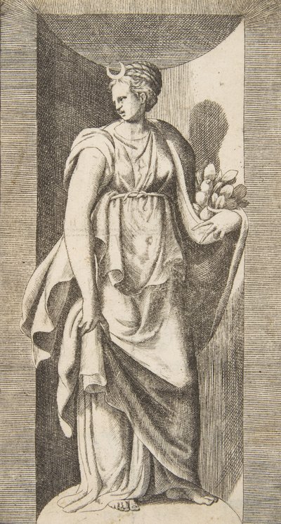 Diana holder frugt i venstre hånd stående i en niche, ca. 1531-76. af Giulio Bonasone