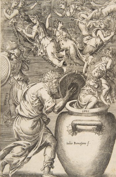 Epimetheus åbner Pandoras æske, 1531-76. af Giulio Bonasone