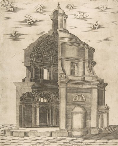 Udvendig og indvendig del af et tempel i Rom dedikeret til Neptun, 1541. af Giulio Bonasone