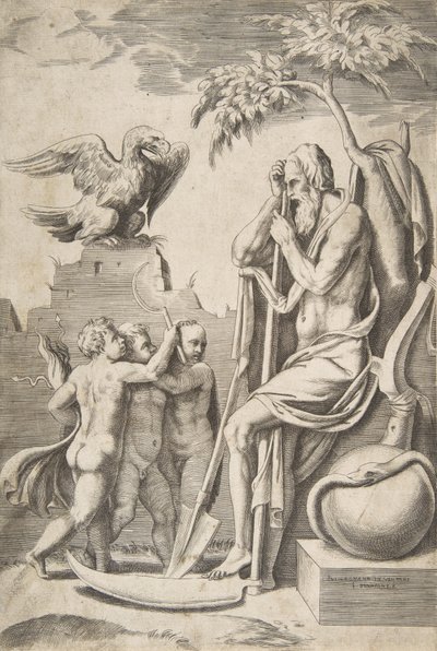 Fader Tid til højre lænet på en le, tre nøgne drenge og ørn til venstre, 1..., 1531-76. af Giulio Bonasone