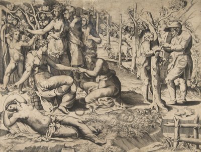 Flora i midten, der sender en krans til en anden kvinde, omgivet af anden fig..., midten af 1500-tallet. af Giulio Bonasone