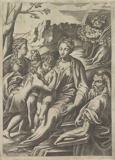 Hellig Familie med den unge Johannes Døberen og Maria Magdalene af Giulio Bonasone