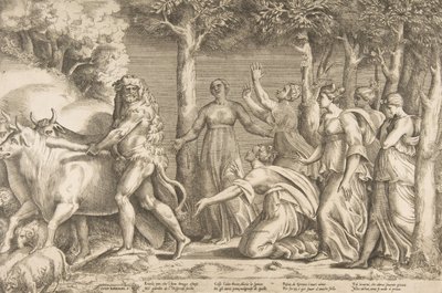 Herkules, der driver kvæget af Geryon, til højre er nymferne fra Hesperides, ..., 1531-76. af Giulio Bonasone