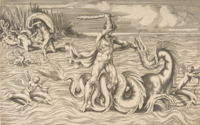 Hercules kæmper mod en drage i midten, Achelous bærer Deianeira af øverst til venstre, 1531-76. af Giulio Bonasone