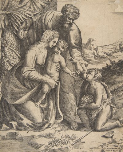 Hellig familie med Johannes Døberen, der knæler til højre, 1531-76. af Giulio Bonasone