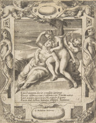 Ixion omfavner en sky, og tror, det er Juno, Amor til højre, sat i en elabora..., 1531-76. af Giulio Bonasone