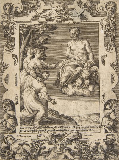 Juno til venstre beder Jupiter om at hjælpe grækerne, sat inden for en udførlig ramme, fra 