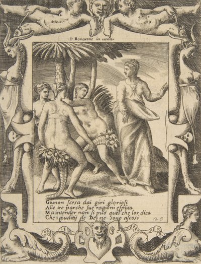 Juno til højre vender sig og taler til skæbnerne, sat inden for en udførlig ramme, fra..., 1531-76. af Giulio Bonasone