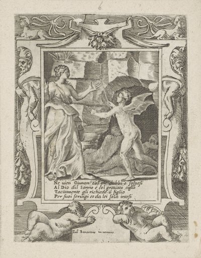 Juno beordrer Sleep til at sænke sig ned på Jupiter Love, Anger and Jalousy of Juno (serietitel) Amori sdegni et gielosie di Giunone (serietitel) af Giulio Bonasone